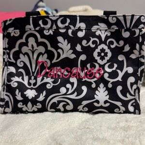 thirty-one Black & White Damask Tote with Pink Embroidered “Dancause”